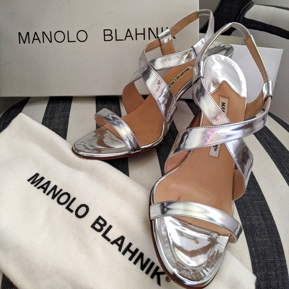 Manolo Blahnik Silver Metallic Cross-Strap Slingback Heels